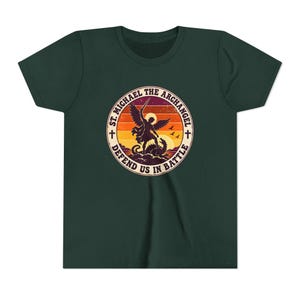 Kids Retro St Michael Badge Shirt, Youth Defend Us in Battle Tee, Catholic Boys Gift, Archangel Slaying Dragon Sunset image 11