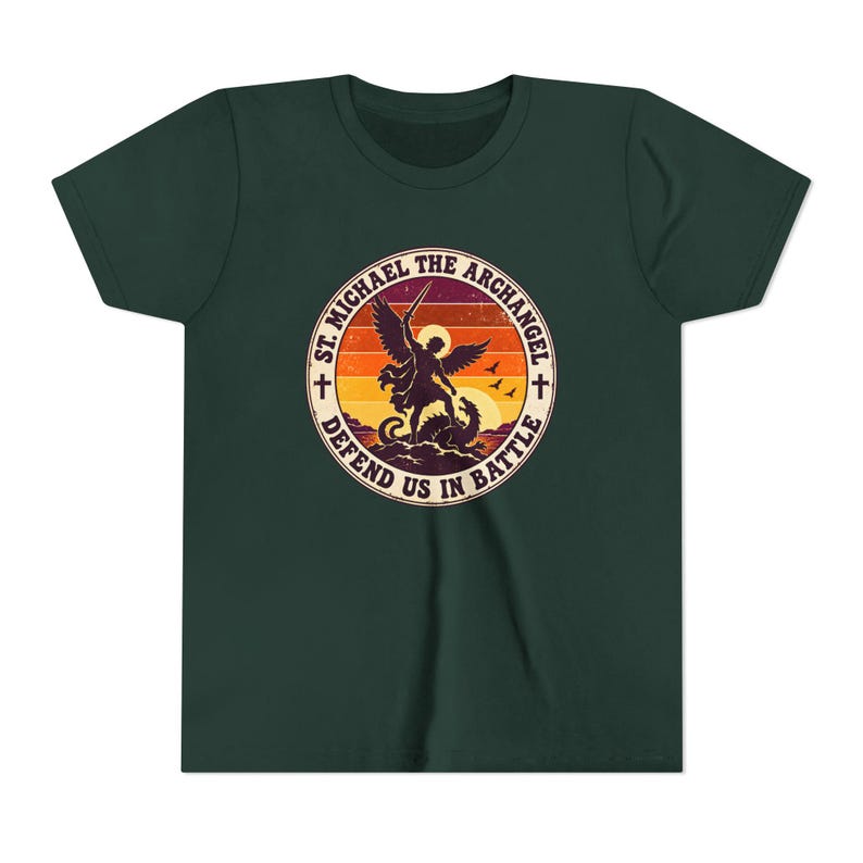 Kids Retro St Michael Badge Shirt, Youth Defend Us in Battle Tee, Catholic Boys Gift, Archangel Slaying Dragon Sunset image 11
