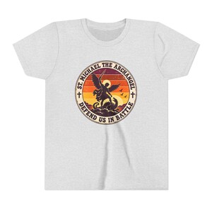 Kids Retro St Michael Badge Shirt, Youth Defend Us in Battle Tee, Catholic Boys Gift, Archangel Slaying Dragon Sunset image 2