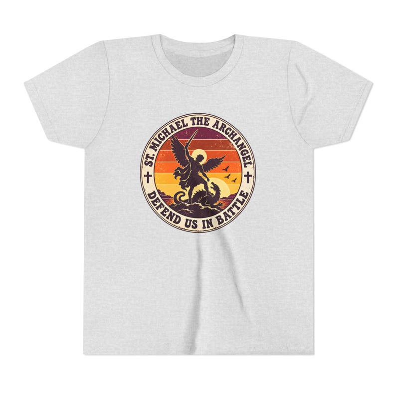 Kids Retro St Michael Badge Shirt, Youth Defend Us in Battle Tee, Catholic Boys Gift, Archangel Slaying Dragon Sunset image 2