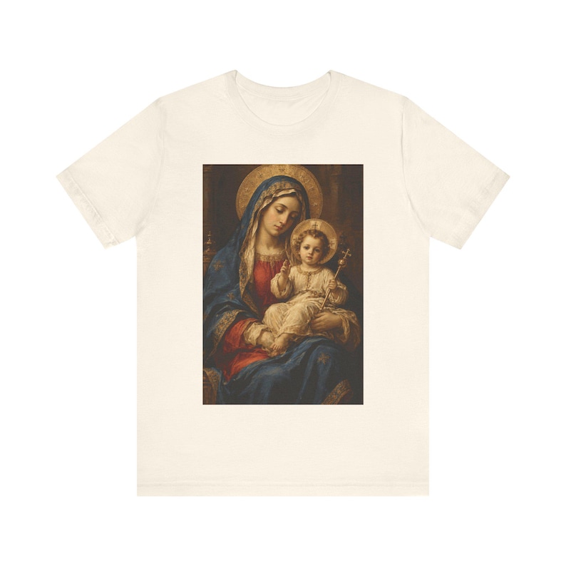 Virgin Mary Shirt, Enthroned Madonna and Child Old Master Painting, Blessed Mother Gift for Mom, Renaissance Catholic Art Tee, Marian Top image 3