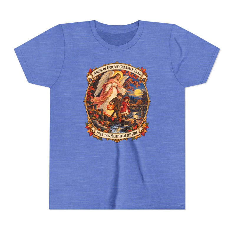 Camiseta infantil con la oración del Ángel de Dios, camiseta juvenil del Ángel Guardián, regalo católico para niños "Mi querido Guardián", arte vintage de puente otoñal. imagen 13