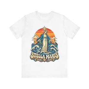 Stella Maris Shirt, Our Lady Star of the Sea Tee, Retro Catholic Beach Apparel, Virgin Mary Coastal Gift, Lighthouse and Sailboat Art image 5