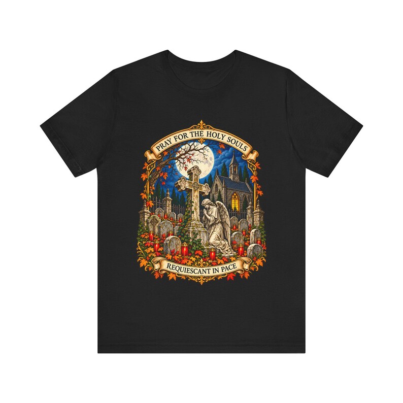 Camiseta "Pray for the Holy Souls", Camiseta católica "Requiescant in Pace" del Purgatorio, Regalo de recuerdo de noviembre, Arte de ángel de cementerio, Camiseta Bella Canvas imagen 9