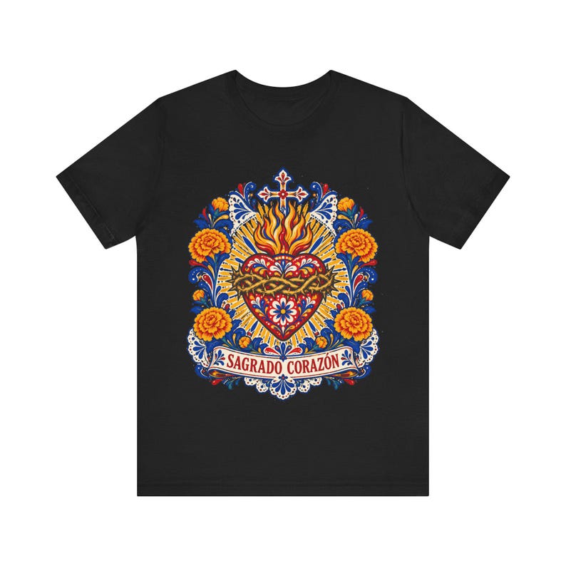 Sacred Heart Shirt, Sagrado Corazón Mexican Folk Art Tee, Talavera Style Catholic Gift for Latina Women, Regalo Católico, Hispanic Faith image 3