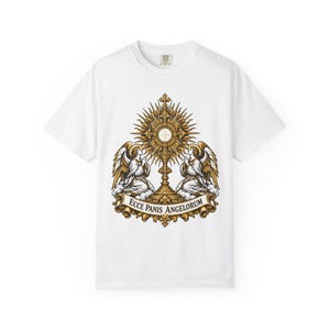Monstrance Tee, Behold the Bread of Angels, Eucharist Adoration Gift for Priests or Deacons, Corpus Christi, Ecce Panis, Comfort Colors image 2