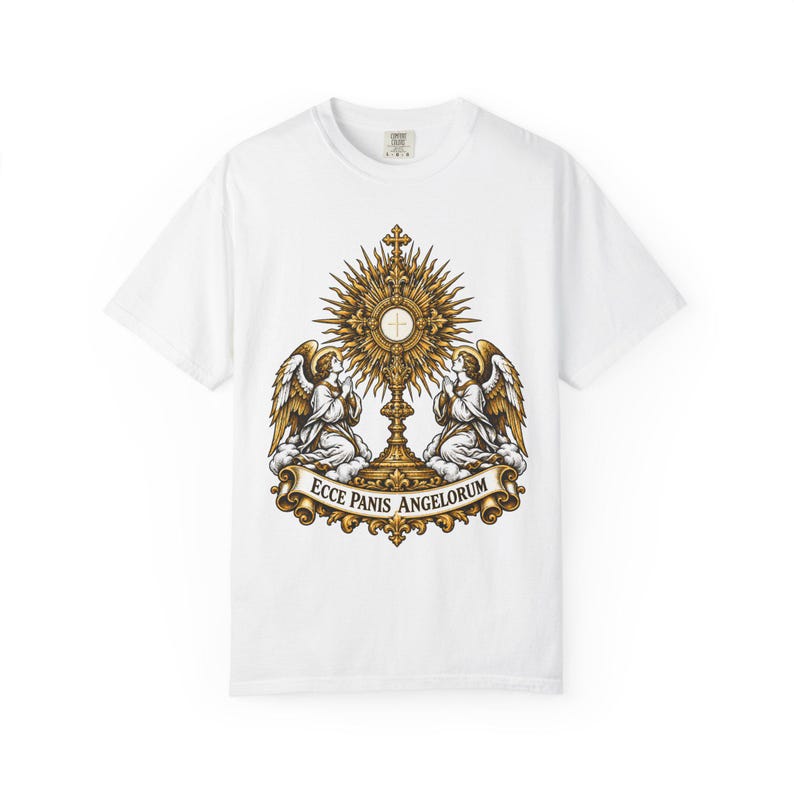 Monstrance Tee, Behold the Bread of Angels, Eucharist Adoration Gift for Priests or Deacons, Corpus Christi, Ecce Panis, Comfort Colors image 2
