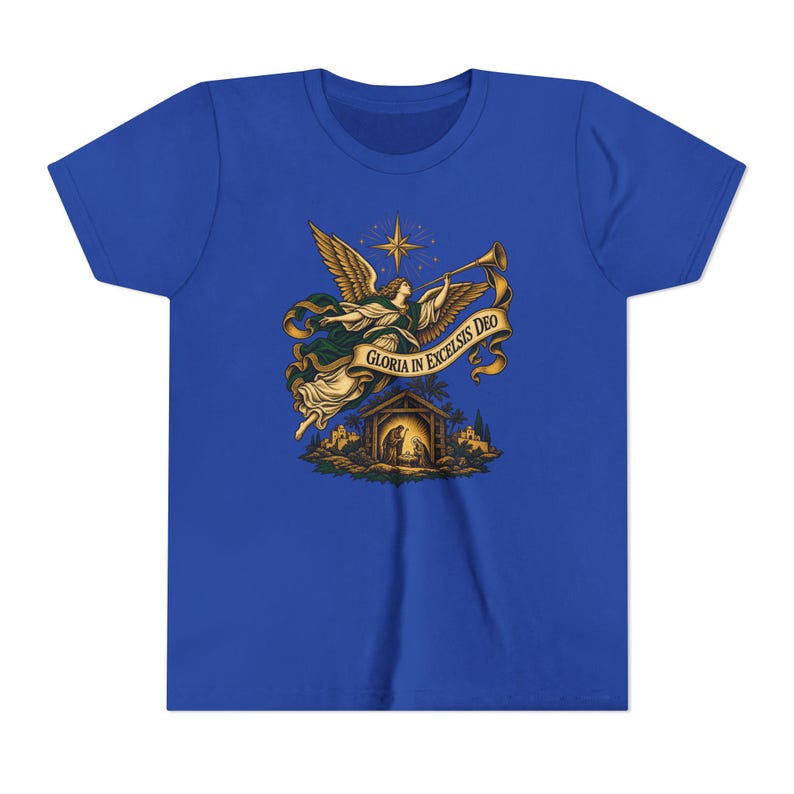 Camiseta infantil del Ángel de la Natividad, Camiseta juvenil Gloria in Excelsis Deo, Regalo católico de Navidad para niños, Representación navideña de la Estrella de Belén imagen 13