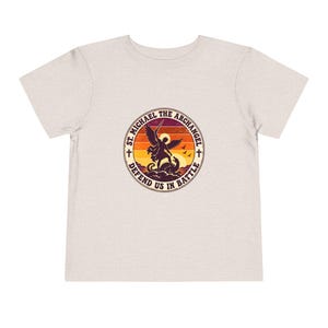 Toddler Retro St Michael Badge Tee, Defend Us in Battle Shirt, Catholic Gift for Toddlers, Archangel Slaying Dragon Sunset image 5