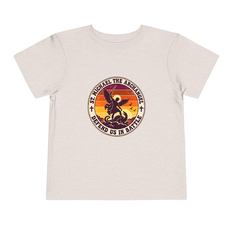 Toddler Retro St Michael Badge Tee, Defend Us in Battle Shirt, Catholic Gift for Toddlers, Archangel Slaying Dragon Sunset image 5