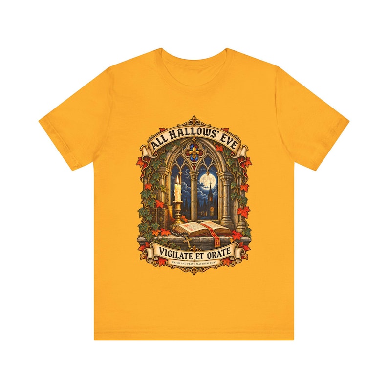Maglietta di Ognissanti / Maglietta cattolica di Halloween / Regalo gotico / Vigilate et Orate, Finestra della chiesa illuminata dalla luna immagine 3