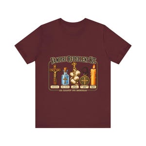 Vampire Repellent Kit Shirt, Funny Catholic Halloween Tee, Crucifix Garlic and St Benedict Medal Art, All Hallows Eve Gift, Bella Canvas Tee image 10