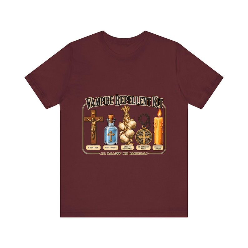 Vampire Repellent Kit Shirt, Funny Catholic Halloween Tee, Crucifix Garlic and St Benedict Medal Art, All Hallows Eve Gift, Bella Canvas Tee image 10