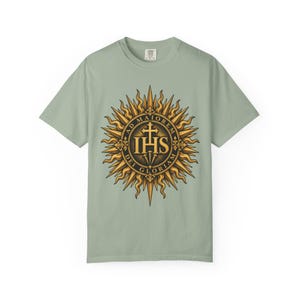IHS Christogram Tee, AMDG Golden Sunburst, For the Greater Glory of God, Latin Catholic Gift for Jesuit Alumni or Graduates, Comfort Colors image 5