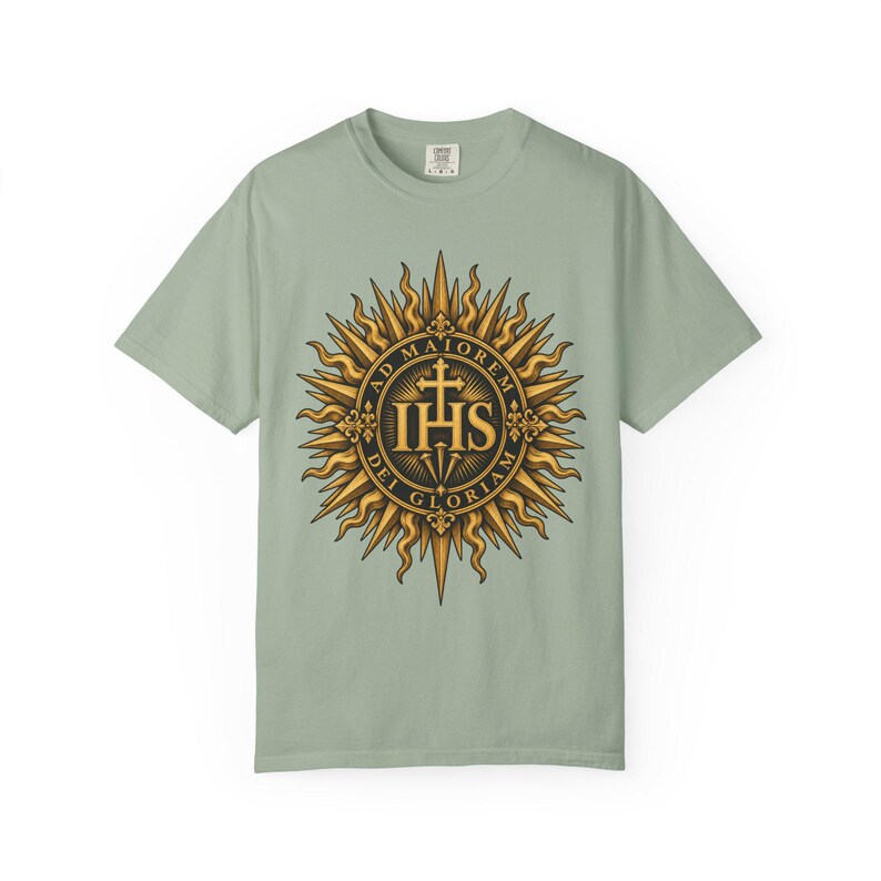 IHS Christogram Tee, AMDG Golden Sunburst, For the Greater Glory of God, Latin Catholic Gift for Jesuit Alumni or Graduates, Comfort Colors image 5