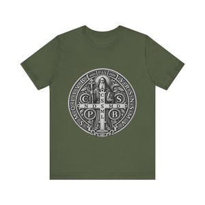 Silver St Benedict Medal Shirt, Engraved Monk Holding Crucifix Tee, CSPB Vade Retro Satana Emblem, Catholic Protection Gift, OSB Oblate image 2