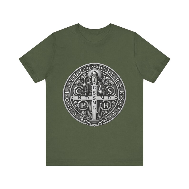 Silver St Benedict Medal Shirt, Engraved Monk Holding Crucifix Tee, CSPB Vade Retro Satana Emblem, Catholic Protection Gift, OSB Oblate image 2