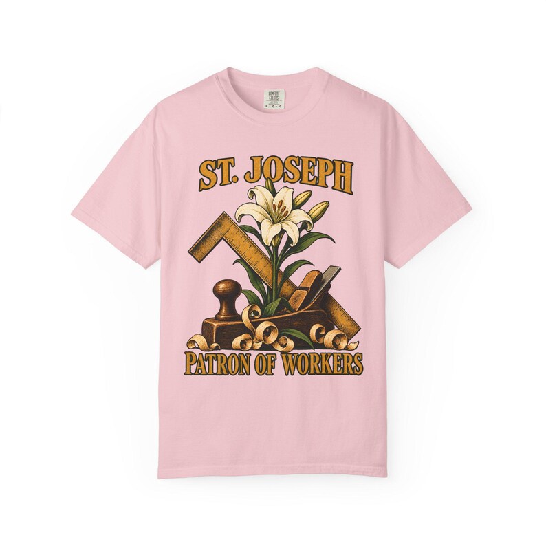 T-shirt met afbeelding van Sint Jozef, beschermheilige van de arbeiders | T-shirt in comfortabele kleuren | Katholiek T-shirt | Cadeau voor papa | Timmermansgereedschap en lelie afbeelding 12
