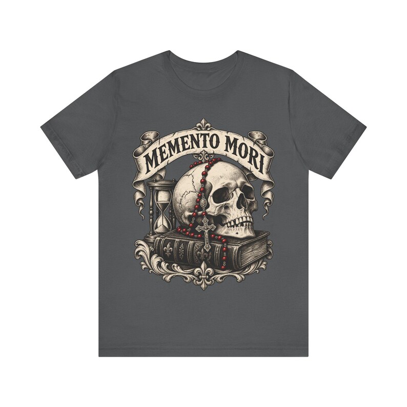 Camiseta Memento Mori / Camiseta católica / Regalo de Todos los Santos para hombres / Calavera, rosario y reloj de arena imagen 2