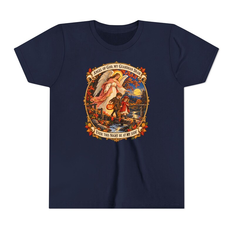 Camiseta infantil con la oración del Ángel de Dios, camiseta juvenil del Ángel Guardián, regalo católico para niños "Mi querido Guardián", arte vintage de puente otoñal. imagen 18