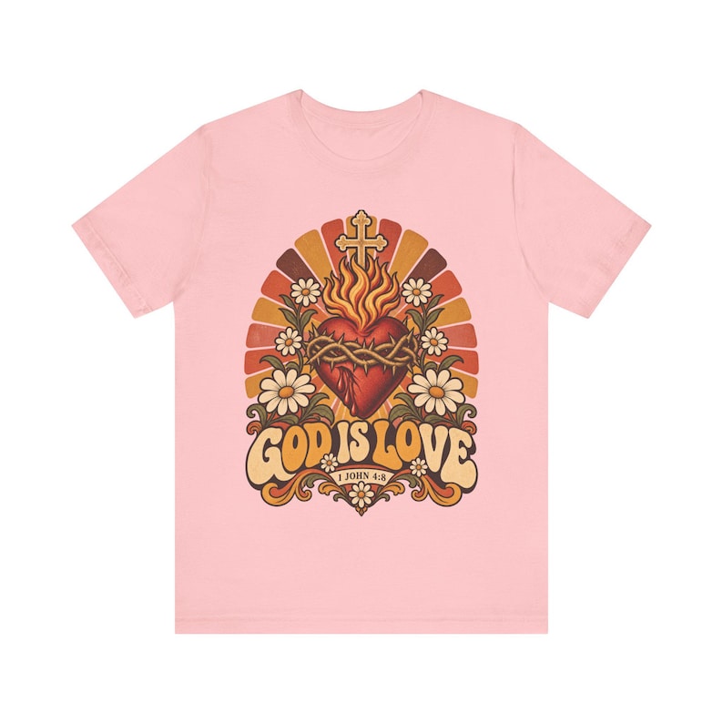 1 John 4:8 Shirt | Catholic T-Shirt | Faith Gift for Women | God Is Love, Retro Sacred Heart Sunburst immagine 5