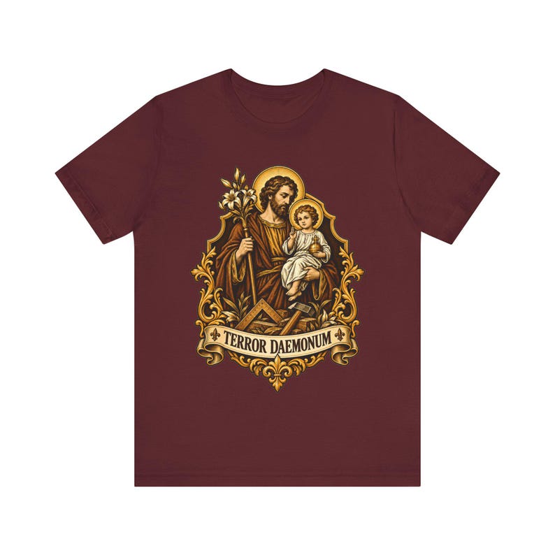 St Joseph Shirt | Catholic T-Shirt | Gift for Dad or Godfather | Terror of Demons with Child Jesus and Lily image 8