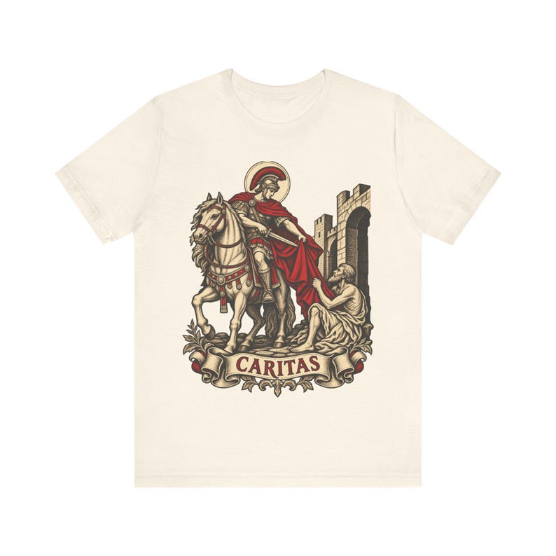 Camiseta de San Martín de Tours, capa de Caritas y arte del mendigo, regalo católico de la Misericordia para hombres, fiesta de San Martín el 11 de noviembre, ropa cristiana imagen 2
