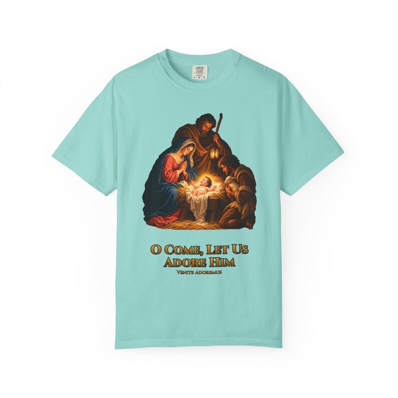 O Come Let Us Adore Him Comfort Colors Shirt | Catholic Christmas Nativity T-Shirt | Christmas Gift | Holy Family at the Manger image 6