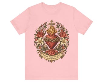 Camiseta botánica del Sagrado Corazón de Jesús, camiseta floral "Ten piedad de nosotros", rosas y lirios vintage, regalo católico para mujeres y amantes de la jardinería.