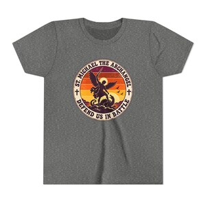 Kids Retro St Michael Badge Shirt, Youth Defend Us in Battle Tee, Catholic Boys Gift, Archangel Slaying Dragon Sunset image 4