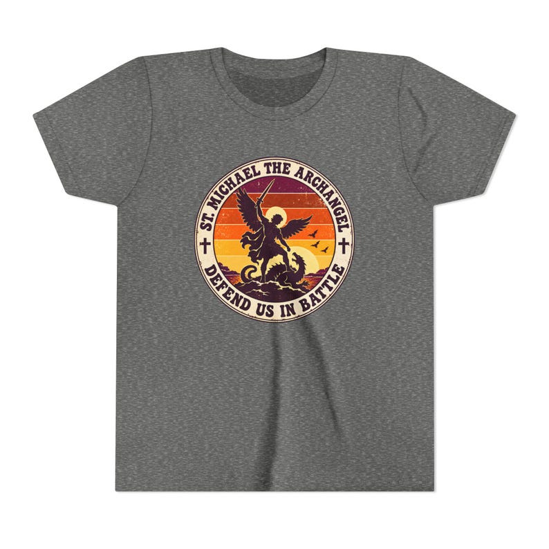 Kids Retro St Michael Badge Shirt, Youth Defend Us in Battle Tee, Catholic Boys Gift, Archangel Slaying Dragon Sunset image 4
