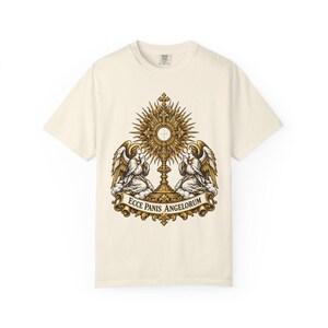 Monstrance Tee, Behold the Bread of Angels, Eucharist Adoration Gift for Priests or Deacons, Corpus Christi, Ecce Panis, Comfort Colors image 3