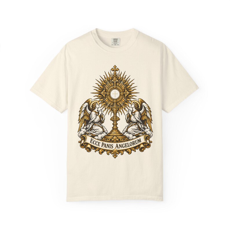 Monstrance Tee, Behold the Bread of Angels, Eucharist Adoration Gift for Priests or Deacons, Corpus Christi, Ecce Panis, Comfort Colors image 3