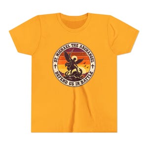 Kids Retro St Michael Badge Shirt, Youth Defend Us in Battle Tee, Catholic Boys Gift, Archangel Slaying Dragon Sunset image 7