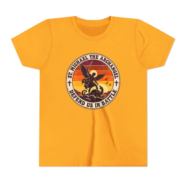 Kids Retro St Michael Badge Shirt, Youth Defend Us in Battle Tee, Catholic Boys Gift, Archangel Slaying Dragon Sunset image 7