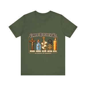 Vampire Repellent Kit Shirt, Funny Catholic Halloween Tee, Crucifix Garlic and St Benedict Medal Art, All Hallows Eve Gift, Bella Canvas Tee image 2