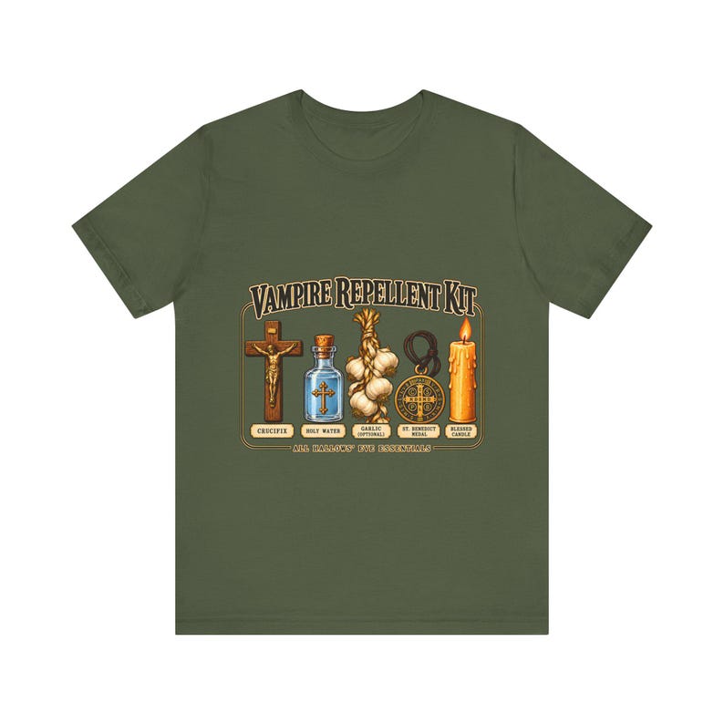 Vampire Repellent Kit Shirt, Funny Catholic Halloween Tee, Crucifix Garlic and St Benedict Medal Art, All Hallows Eve Gift, Bella Canvas Tee image 2