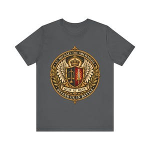 St Michael the Archangel Crest Shirt, Defend Us in Battle Tee, Winged Shield Scales and Sword, Catholic Men's Gift, Police Patron Apparel image 5