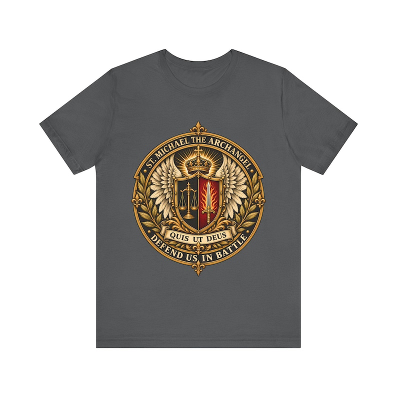 St Michael the Archangel Crest Shirt, Defend Us in Battle Tee, Winged Shield Scales and Sword, Catholic Men's Gift, Police Patron Apparel image 5