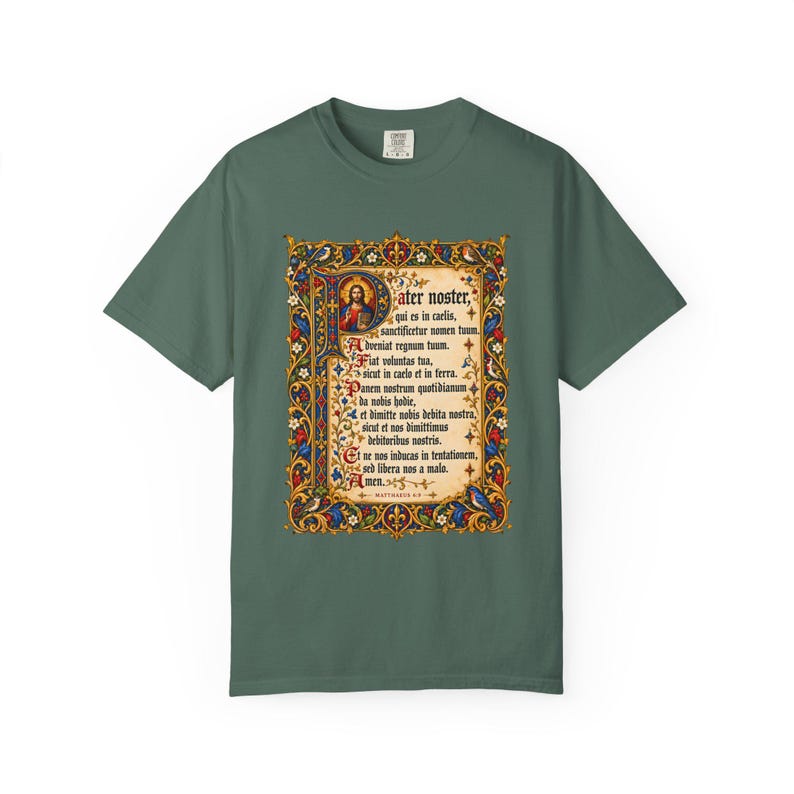 Pater Noster Tee, Latin Our Father Illuminated Manuscript, Lord's Prayer Medieval Christian Shirt, Traditional Catholic Gift, Comfort Colors image 4