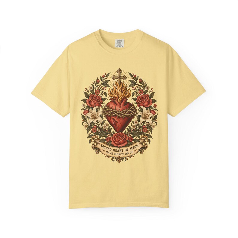 Floral Sacred Heart Tee, Cottagecore Cor Jesu with Wildflowers, Have Mercy Prayer Gift for Mom, Botanical Christian Apparel, Comfort Colors image 5