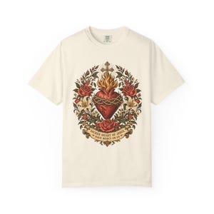 Floral Sacred Heart Tee, Cottagecore Cor Jesu with Wildflowers, Have Mercy Prayer Gift for Mom, Botanical Christian Apparel, Comfort Colors image 4