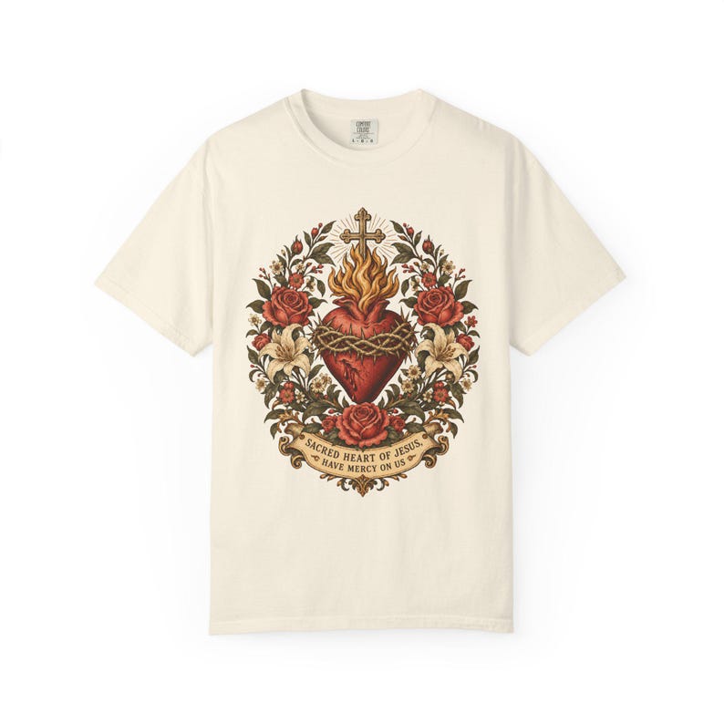 Floral Sacred Heart Tee, Cottagecore Cor Jesu with Wildflowers, Have Mercy Prayer Gift for Mom, Botanical Christian Apparel, Comfort Colors image 4