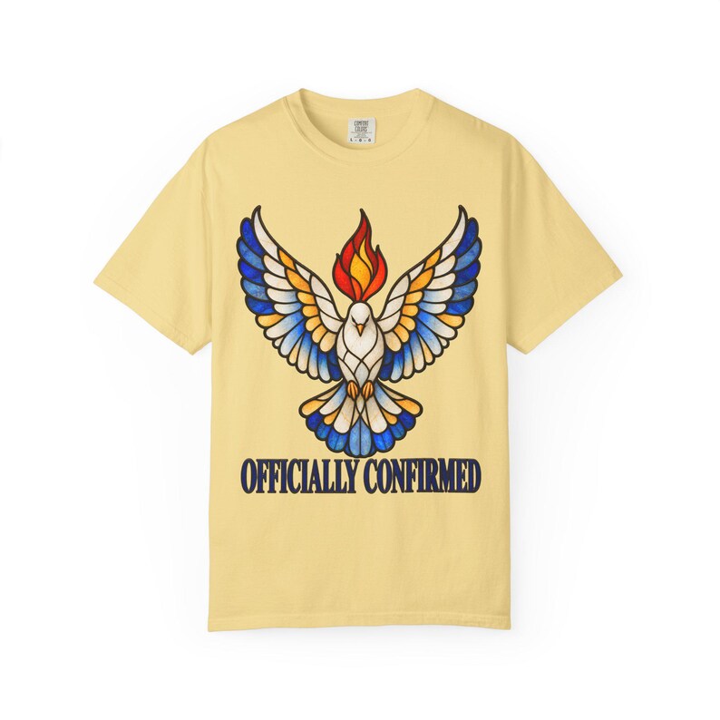 Officially Confirmed Comfort Colors Shirt | Catholic Confirmation T-Shirt | Confirmation Gift | Stained Glass Holy Spirit Dove image 3