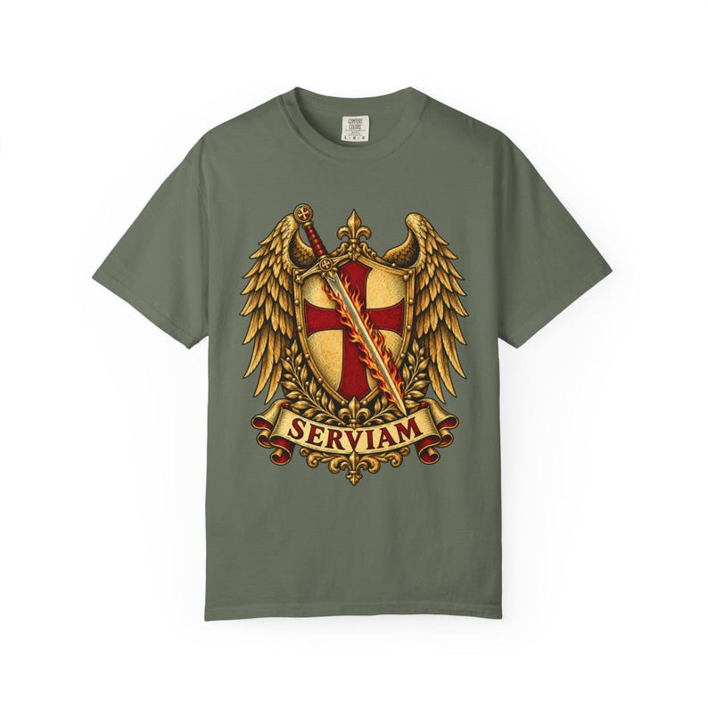 Archangel Michael Emblem Tee, Bold Sticker Style Shield and Wings, I Will Serve Catholic Gift for Veteran or Police Officer, Comfort Colors image 4