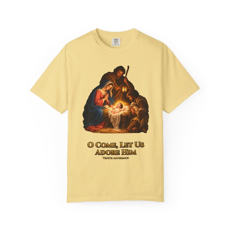 O Come Let Us Adore Him Comfort Colors Shirt | Catholic Christmas Nativity T-Shirt | Christmas Gift | Holy Family at the Manger image 3