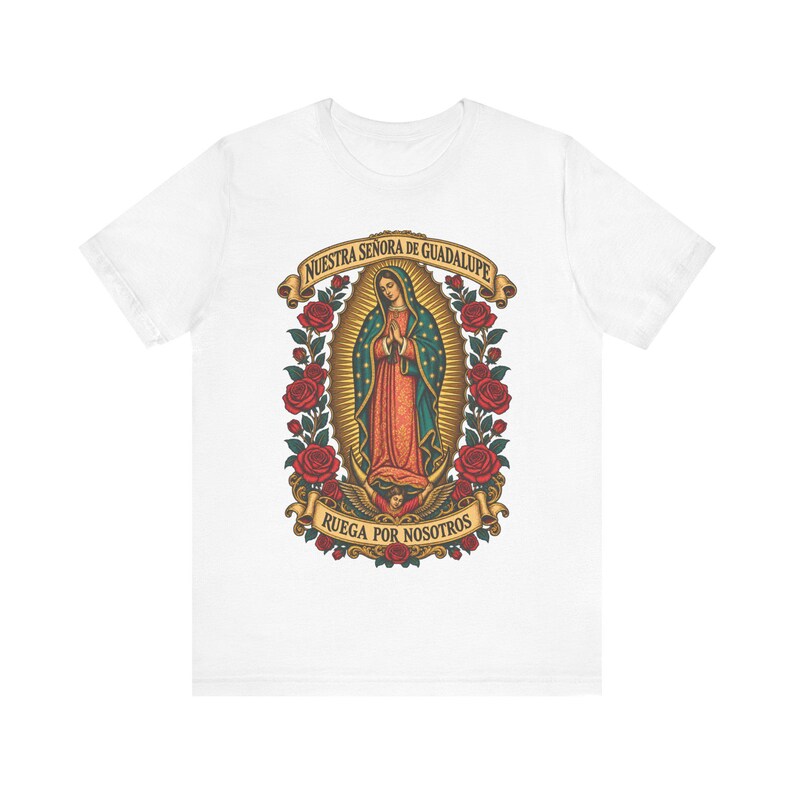 Guadalupe Shirt, La Guadalupana Ornate Virgen Morena Tee, Ruega por Nosotros, Our Lady of Tepeyac Holy Card Art, Mexican Gift for Mom image 2
