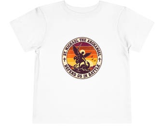 Toddler Retro St Michael Badge Tee, Defend Us in Battle Shirt, Catholic Gift for Toddlers, Archangel Slaying Dragon Sunset