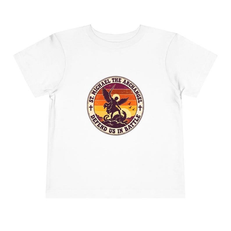 Toddler Retro St Michael Badge Tee, Defend Us in Battle Shirt, Catholic Gift for Toddlers, Archangel Slaying Dragon Sunset image 1
