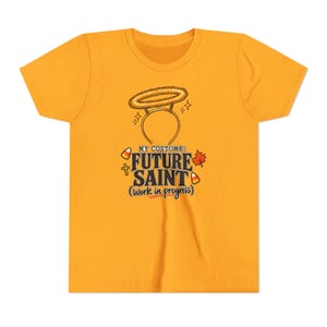 Kids Future Saint Costume Shirt, Sparkly Halo Halloween Tee, Catholic Trick or Treat Outfit image 6